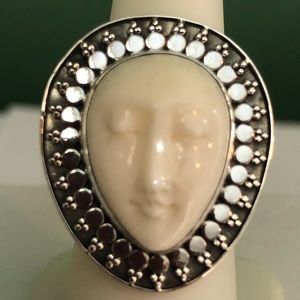 Hand Carved Bone Bali Princess in Sterling Silver Ring